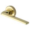 Heritage Brass Door Handle Lever Latch on Round Rose Metro Angled Design Polished Brass finish