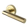 Heritage Brass Door Handle Lever Latch on Round Rose Bauhaus Mitre Knurled Design Polished Brass finish