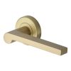 Heritage Brass Door Handle Lever Latch on Round Rose Metro Mid Century Design Satin Brass finish