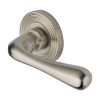 Heritage Brass Door Handle Lever Latch on Round Rose Charlbury Reeded Design Satin Nickel finish
UK Registered Design Number 6226298