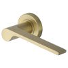 Heritage Brass Door Handle Lever Latch on Round Rose Julia Design Satin Brass finish