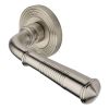 Heritage Brass Door Handle Lever Latch on Round Rose Bridgetown Reeded Design Satin Nickel finish
UK Registered Design Number 6226297